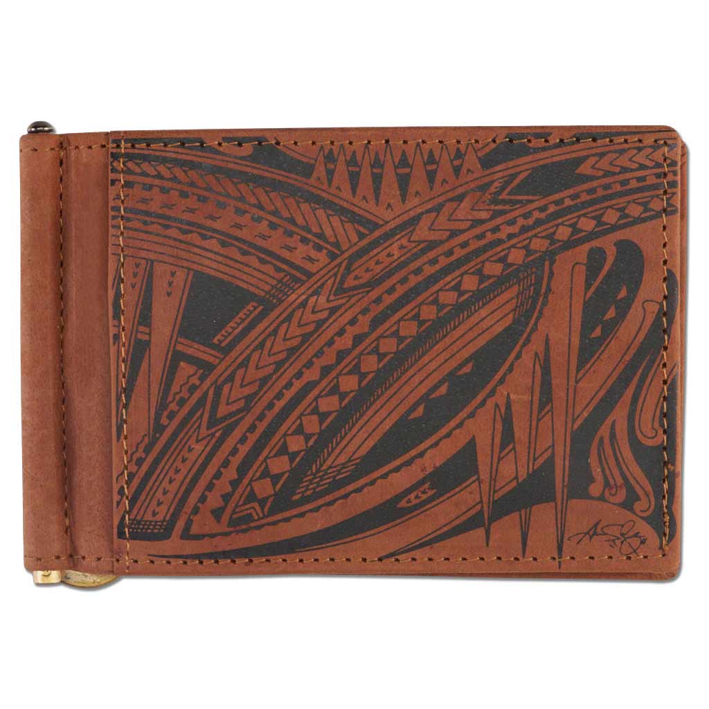 Polynesian Tattoo RFID-Blocking Leather Wallet Clip