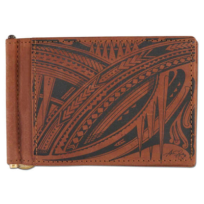 Polynesian Tattoo RFID-Blocking Leather Wallet Clip