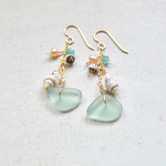 Sea Foam Glass and Puka Shell Earrings