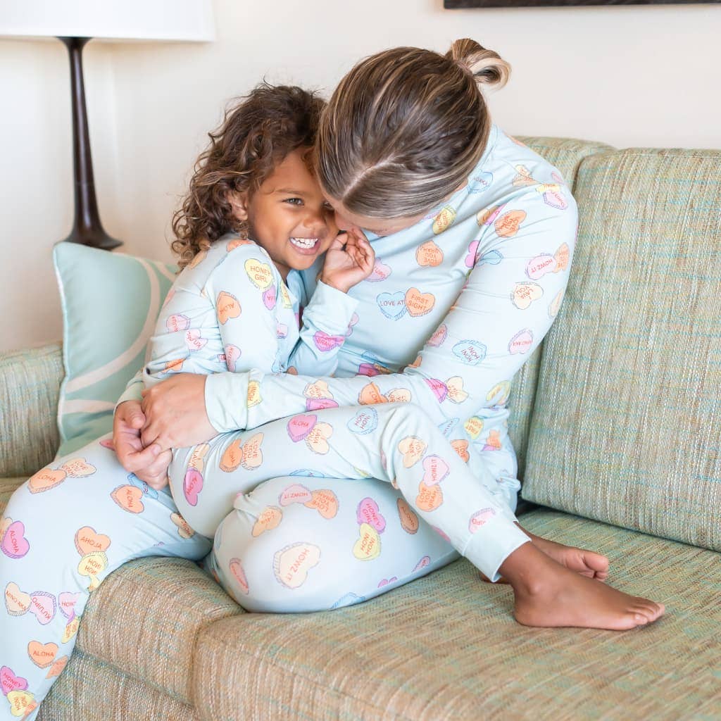 Mother and child wearing Coco Moon I Lava You Long Bamboo Pajamas