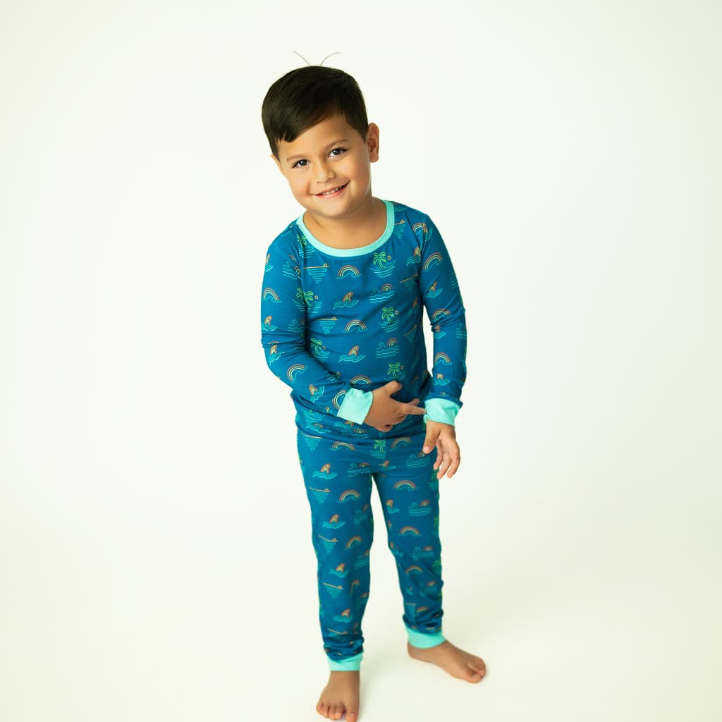 Kid wearing Coco Moon Tropical Daydream Long Bamboo Pajamas
