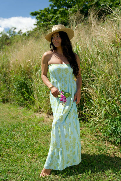 Person wearing EHA Culture Maile Dress Ohana Ulu