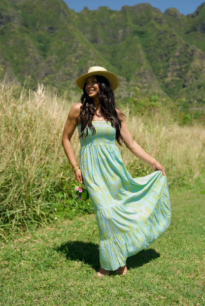 Person wearing EHA Culture Maile Dress Ohana Ulu