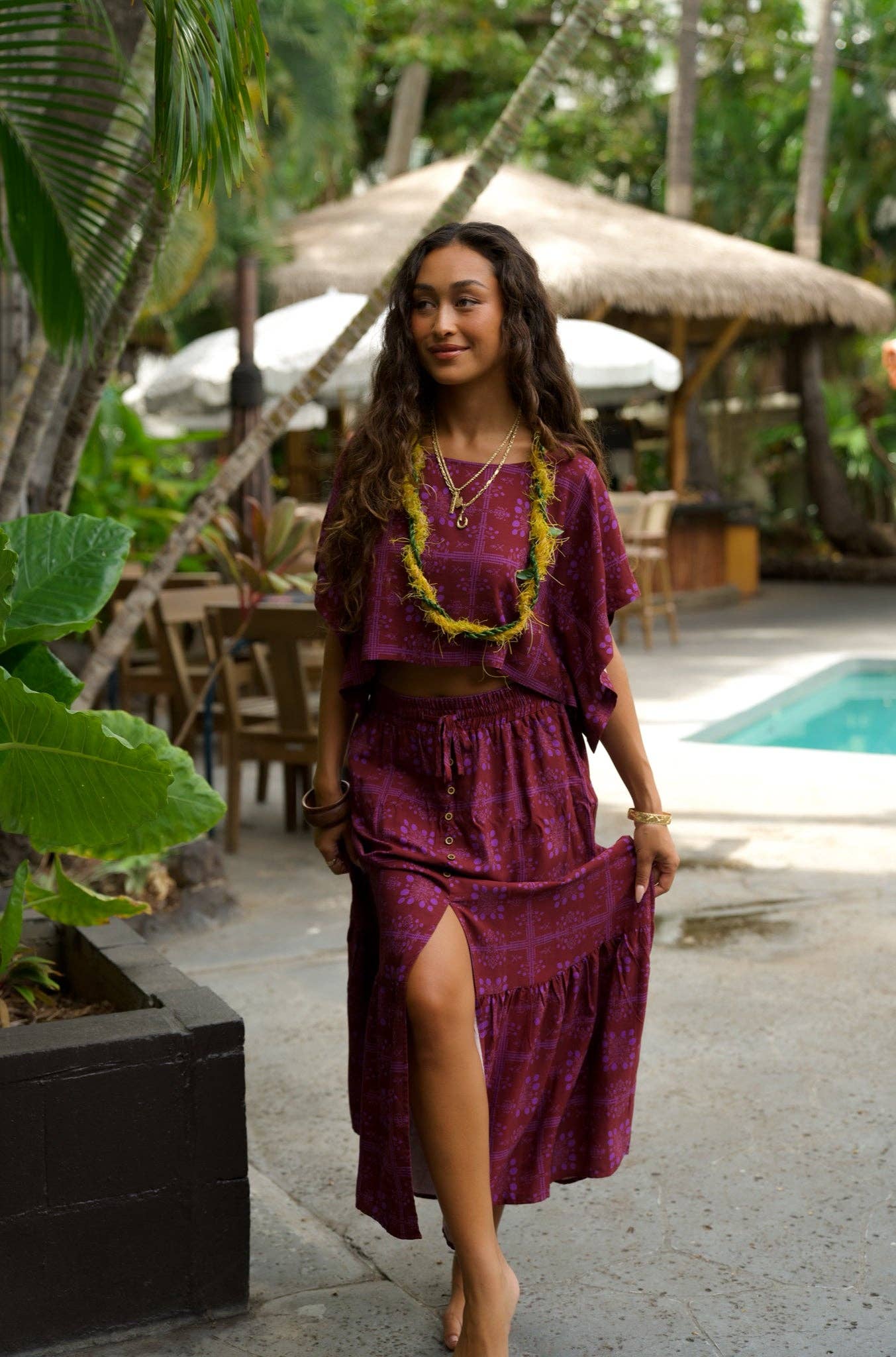 Person wearing EHA Culture Mango Sunset Hina Blouse