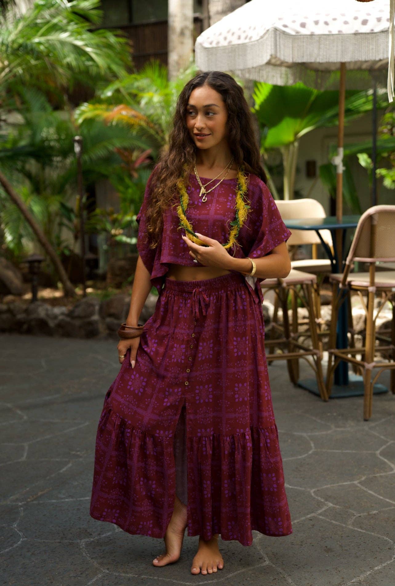 Person wearing EHA Culture Mango Sunset Hina Blouse