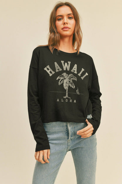 Person wearing Honestee Hawaii Aloha Palm Tree Graphic Long Sleeve T-Shirt (black)