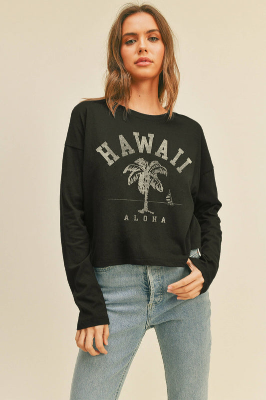 Person wearing Honestee Hawaii Aloha Palm Tree Graphic Long Sleeve T-Shirt (black)