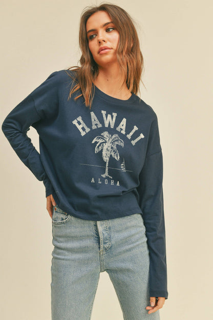 Person wearing Honestee Hawaii Aloha Palm Tree Graphic Long Sleeve T-Shirt (dark blue)