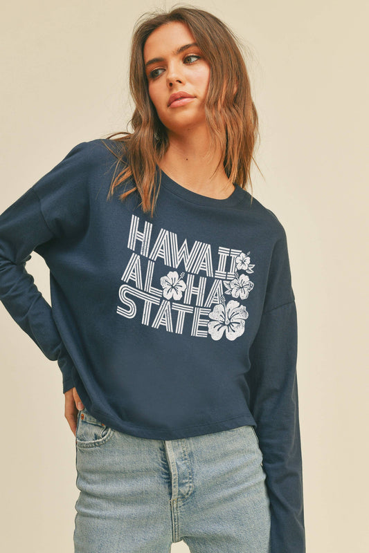 Person wearing Honestee Hawaii Aloha State Graphic T-Shirt (dark blue)