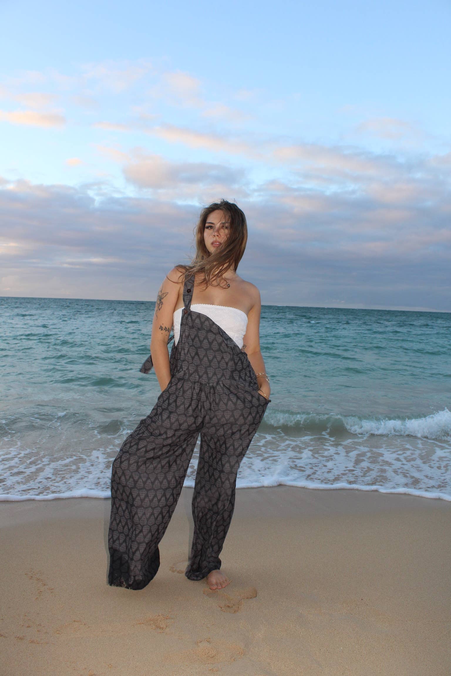 Person wearing Paradise Now Hawaii Women's Long Jumper in Vintage Waiehu