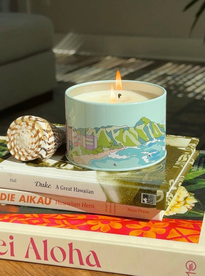 Postcards Hawaii Scented Travel Candle on books