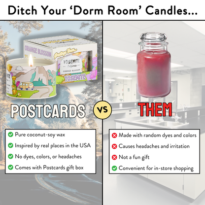 Postcards candle comparison, "Ditch your dorm room candles"