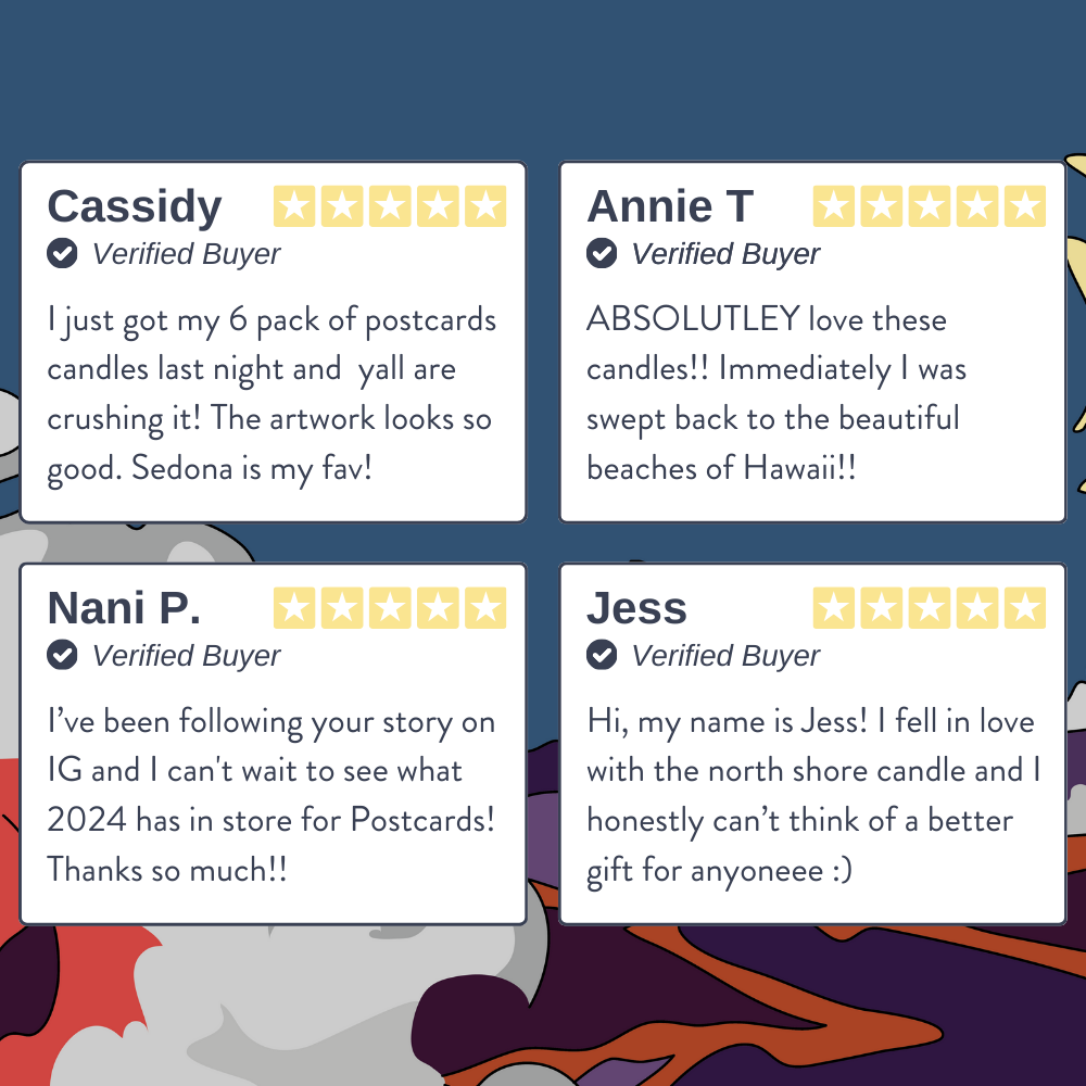Postcards candle user reviews, five stars and high fives all around if you can believe it