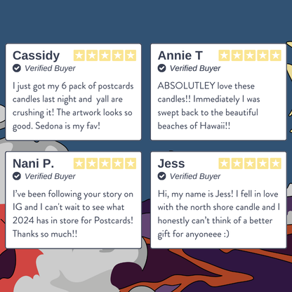 Postcards candle user reviews, five stars and high fives all around if you can believe it