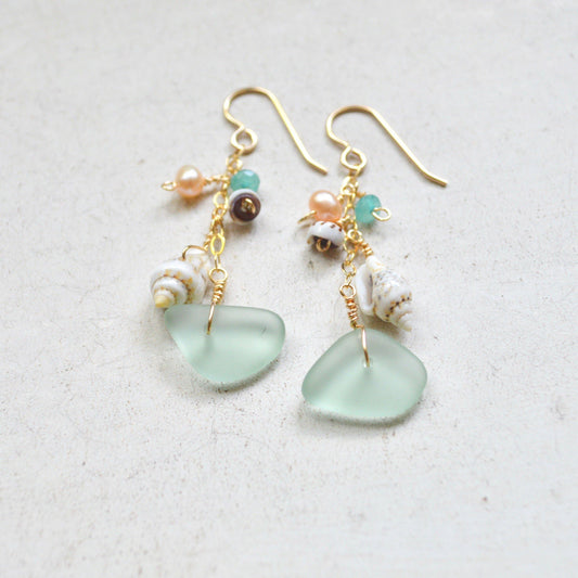 Sweet But Salty Sea Foam Glass and Puka Shell Earrings