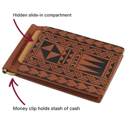 Polynesian Tattoo RFID-Blocking Leather Wallet Clip