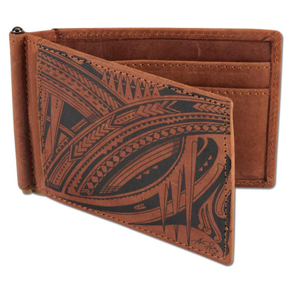 Polynesian Tattoo RFID-Blocking Leather Wallet Clip